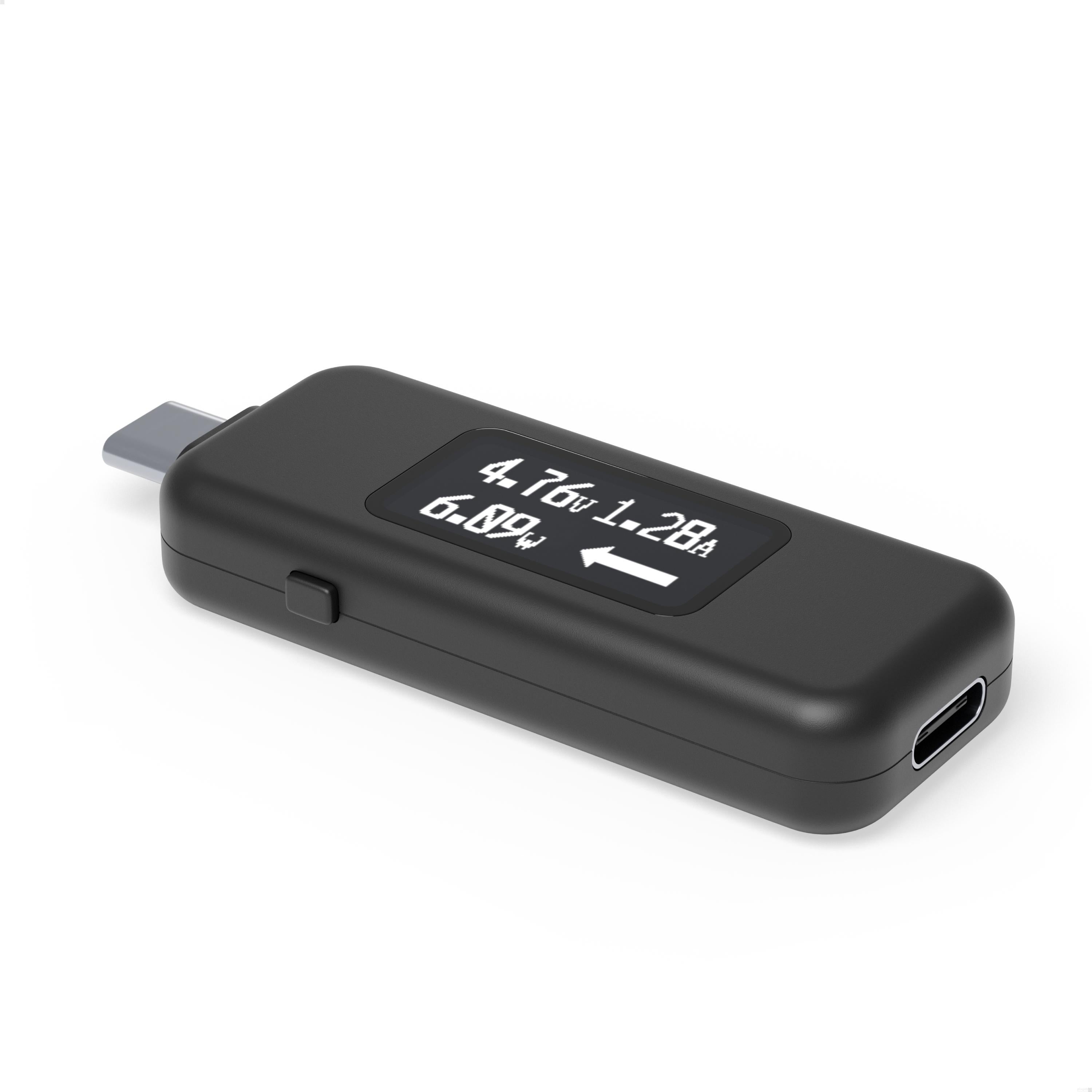 USB-C power meter showing voltage and amperage on an OLED screen